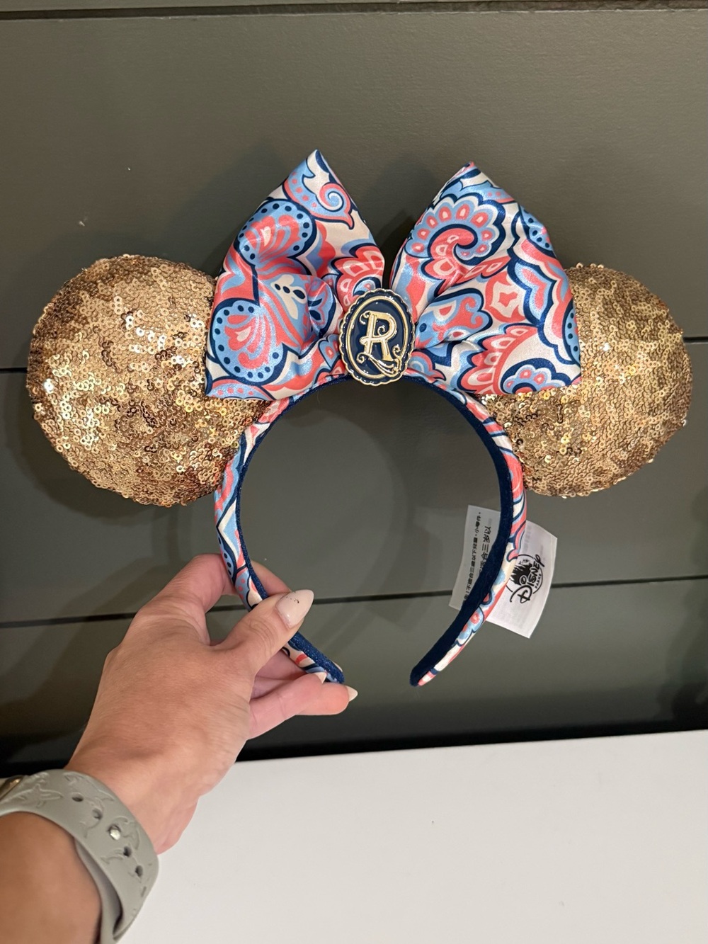 Disney Riviera Gold Sequin Ears with Blue & Pink Paisley Bow NWT